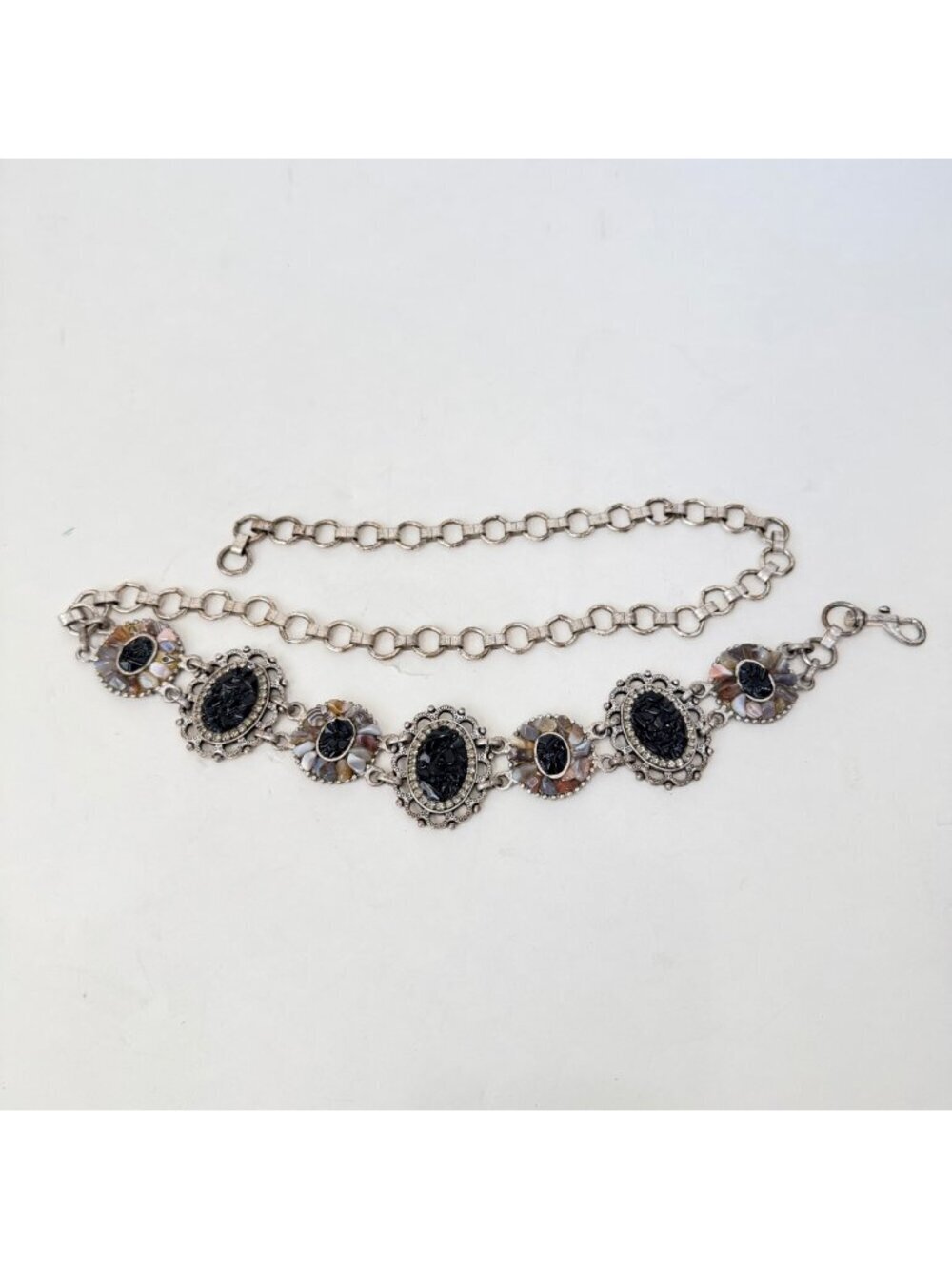 Vintage Boho Chain Belt Silver Tone Black Stone Concho Style Mosaic Adjustable